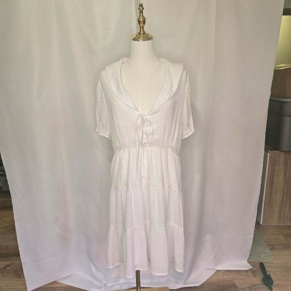 Cider White Boho Dress Tie Front Short Sleeve Flowy Prairie Cottagecore Size 1XL
